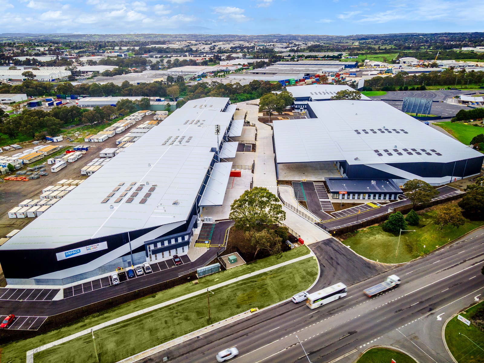 aerial shot of an industrial warehouse